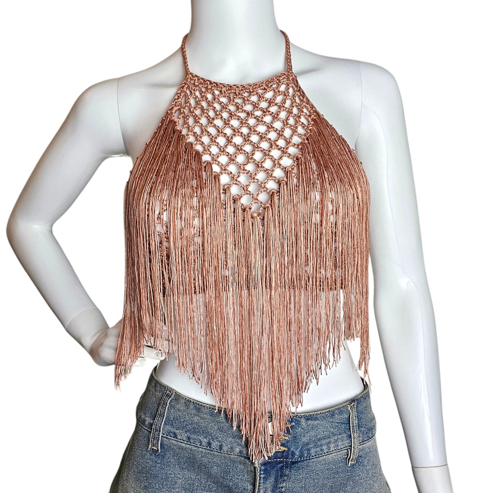 Handmade Crochet Fringe Halter Top, Boho Festival Top, Summer Fashion - Picture 2 of 11
